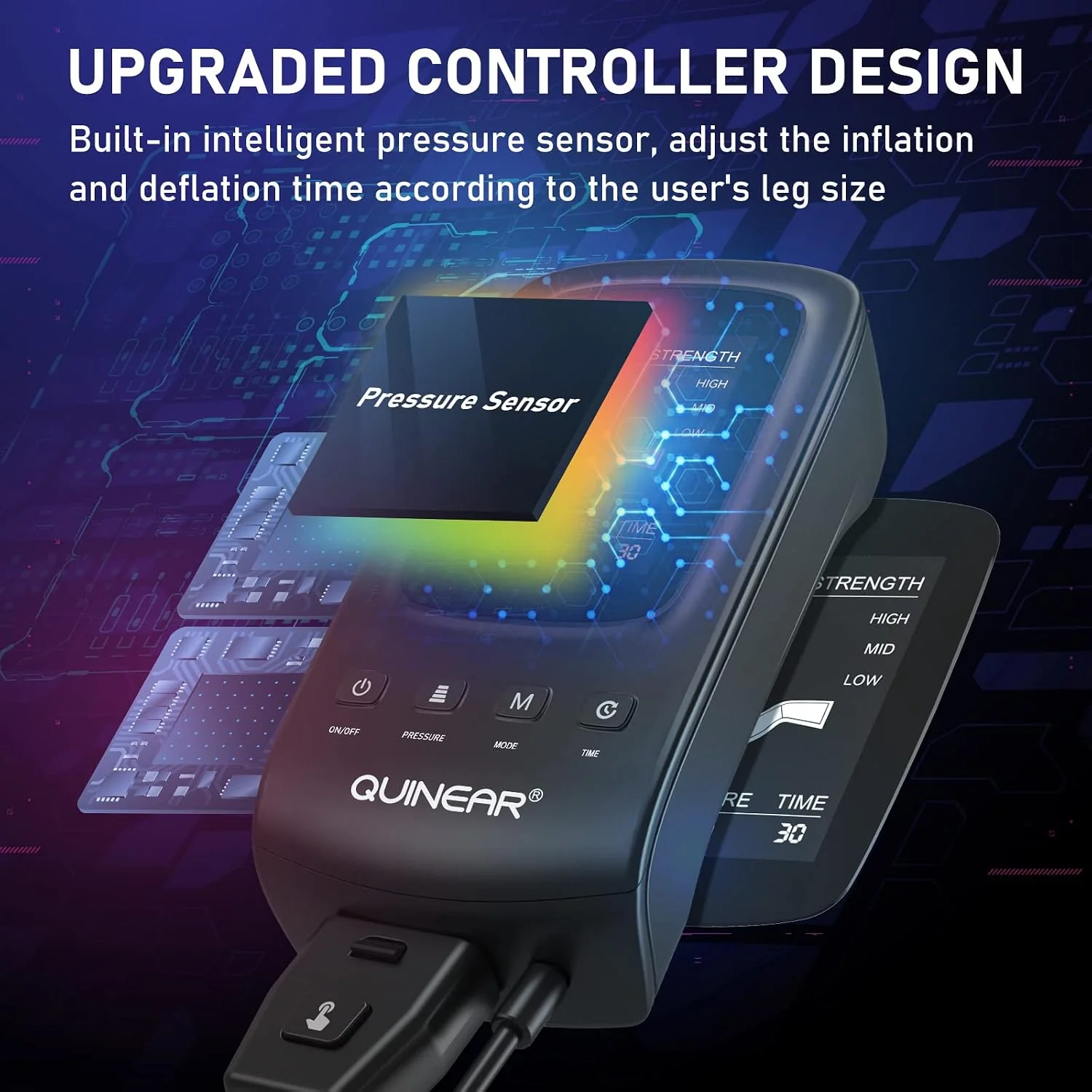 QUINEAR recovery boots controller displaying pressure and massage options